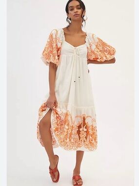 Anthropologie Cream Maxi Dress with Orange Floral Embroidery
